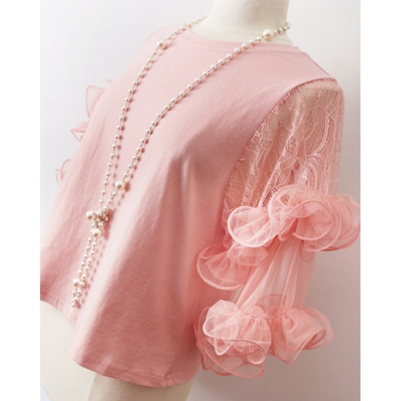 Pink Lace Tulle Flutter Sleeves Pretty Tee T Shirt - Picture 6 of 8